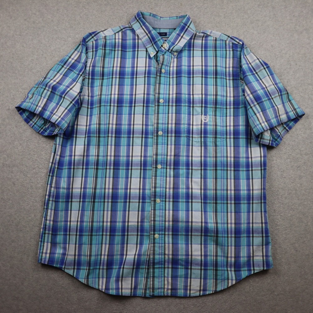 Chaps Shirt Mens XL Easy Care Short Sleeve Blue Teal Plaid Button Down